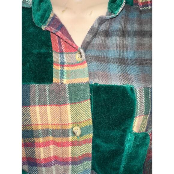 VINTAGE VELVET & FLANNEL COTTON PATCHWORK PLAID SHIRT OR SHIRTJACKET GRUNGE - Picture 6 of 8